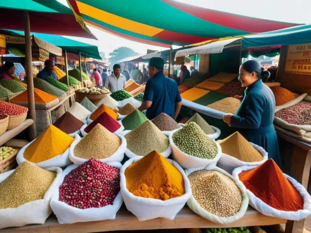 Vibrante mercado histórico en la Ruta del especiero, con colores y sabores de continentes