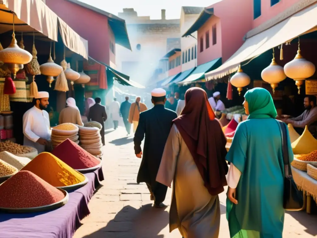 Un vibrante mercado con hombres y mujeres en ropa tradicional islámica, reflejando la conservación de las tradiciones islámicas en el siglo XXI