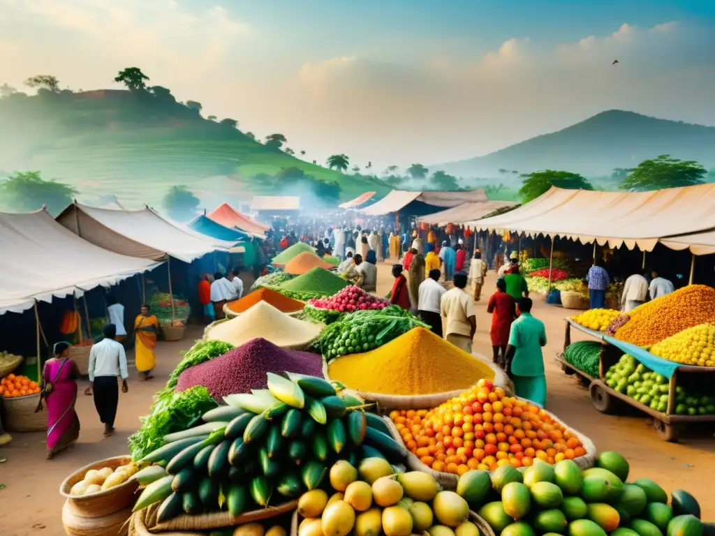 Vibrante mercado indio durante el Festival Pongal, con frutas, verduras y textiles coloridos, reflejando la riqueza agrícola y tradición cultural