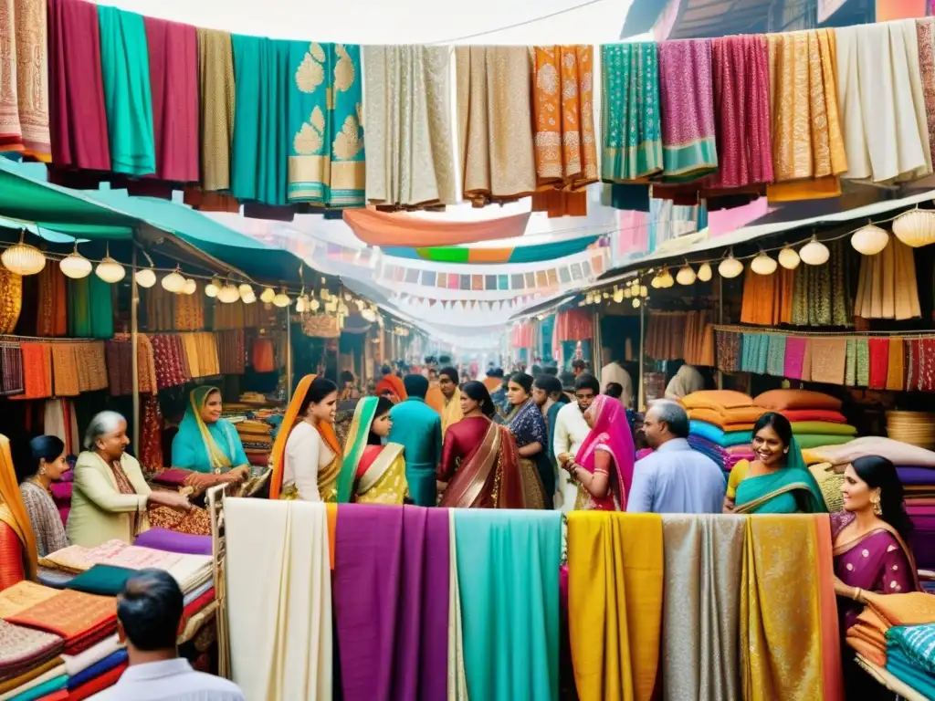 Vibrante mercado indio con influencia extranjera en moda india: mujeres en sarees y hombres en kurtas, tejidos coloridos y bullicio multicultural