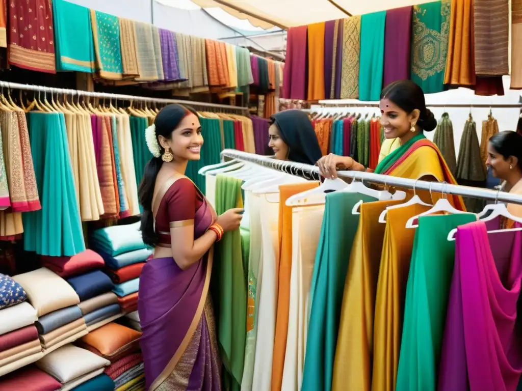 Vibrante mercado indio con moda que fusiona tendencias occidentales y textiles tradicionales, reflejando la evolución de la moda en India