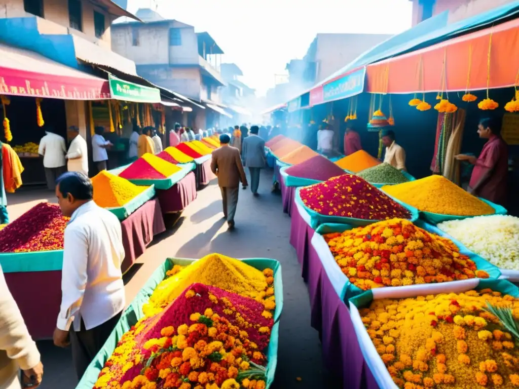 Un vibrante mercado indio con puestos de colores vendiendo guirnaldas de caléndula, incienso y artículos hindúes