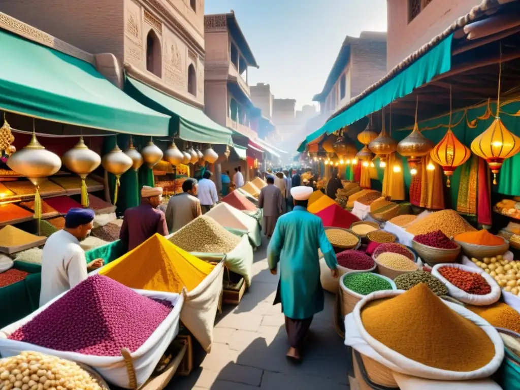 Vibrante mercado indio en la Ruta de la Seda, fusionando culturas con telas coloridas, especias y comerciantes