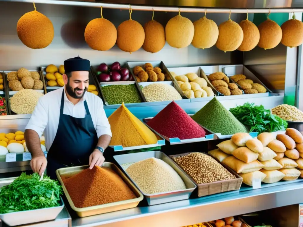 Vibrante mercado israelí con gastronomía judía: tradiciones culinarias en pleno auge, colores y sabores se fusionan