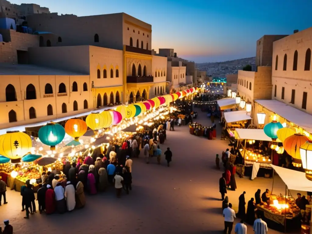 Vibrante mercado en Jordania con linternas coloridas iluminando las calles estrechas en el Festival de las linternas en Jordania