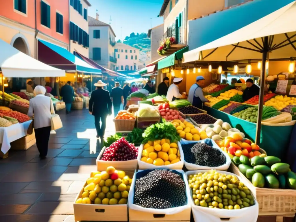 Vibrante mercado mediterráneo con frutas, verduras y mariscos frescos