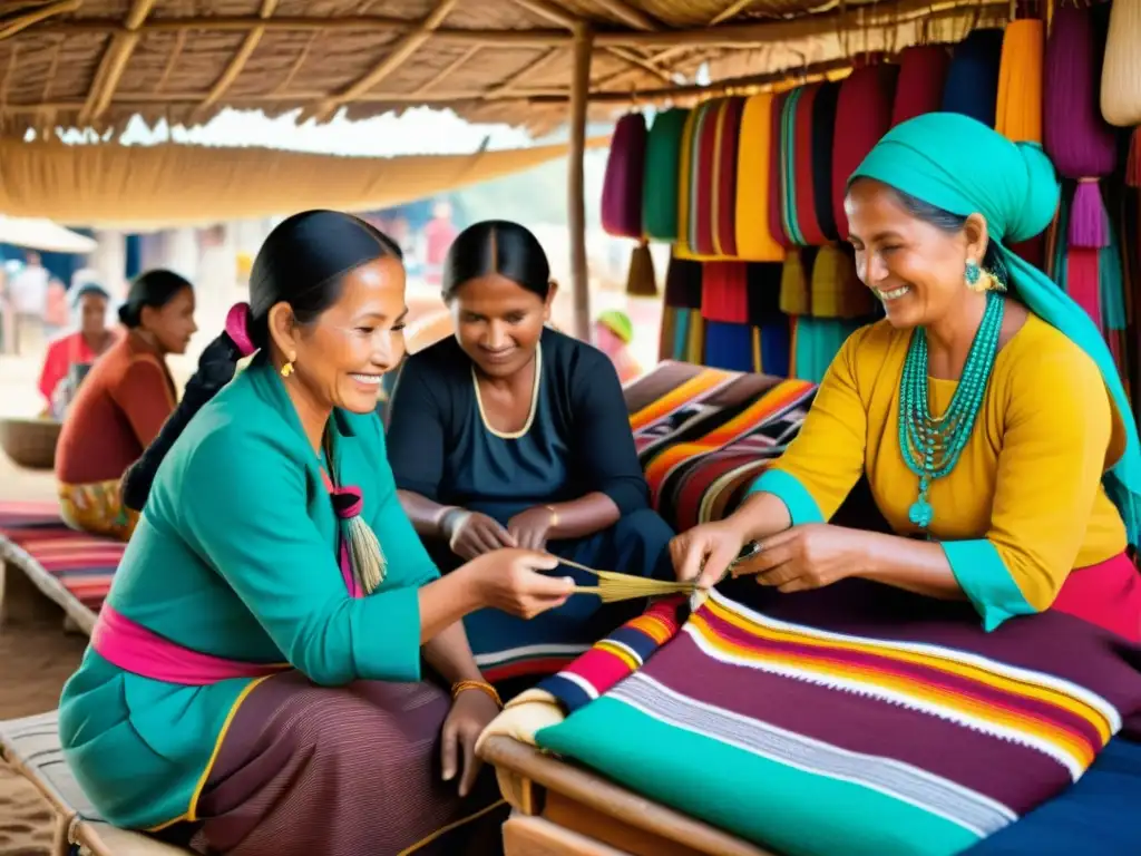 Vibrante mercado con moda étnica en la industria, artesanos creando textiles y comunidad intercambiando bienes y servicios