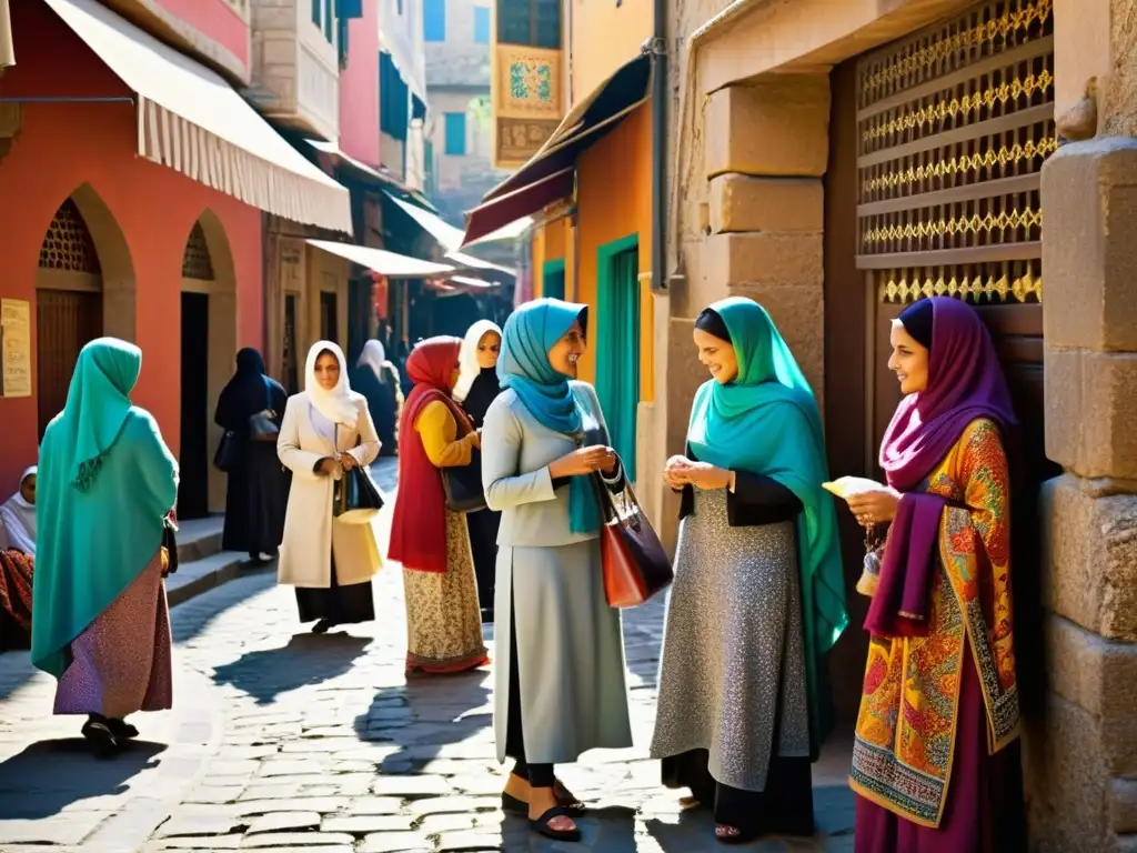 Mujeres musulmanas en un mercado vibrante y colorido Un vibrante mercado donde mujeres musulmanas exploran con determinación y gracia, reflejando la diversidad cultural y religiosa