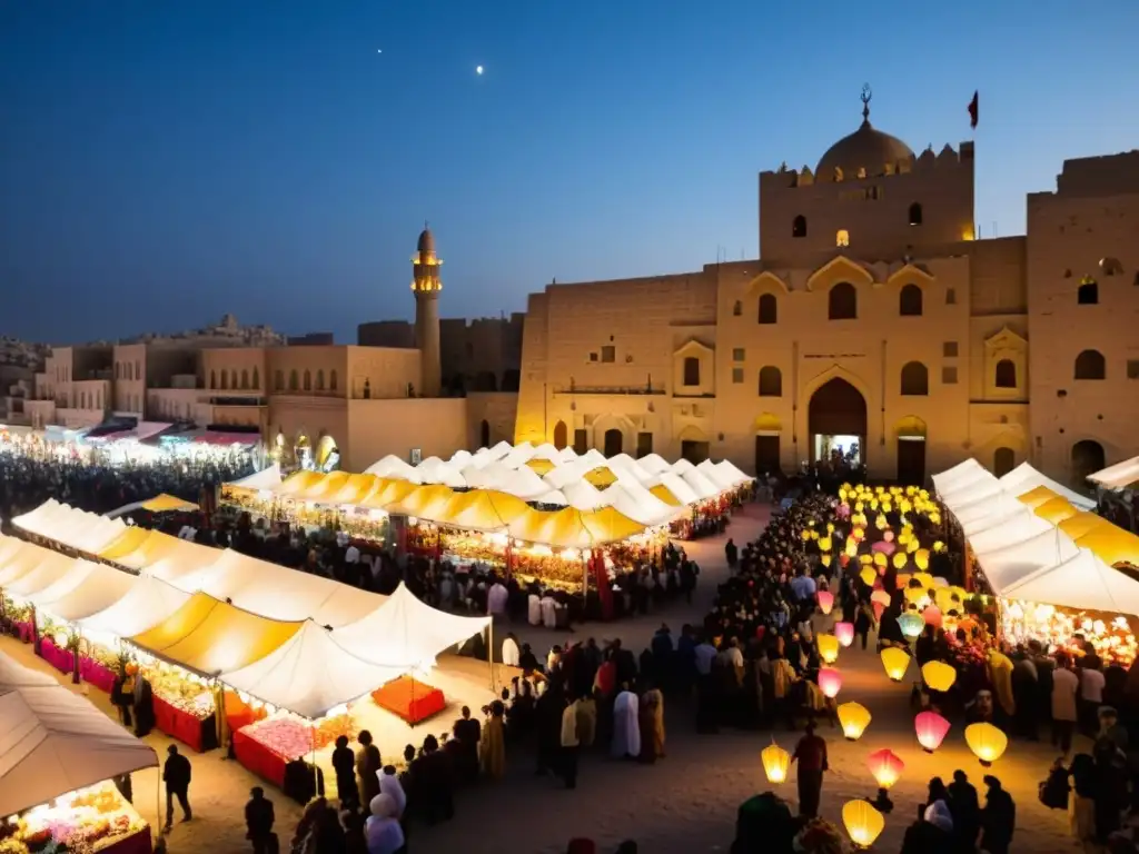 Vibrante mercado nocturno en Jordania, iluminado por linternas coloridas