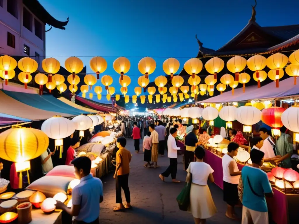 Vibrante mercado nocturno en Asia con linternas de papel, baile tradicional y cultura del Festival de la Luna en una escena documental