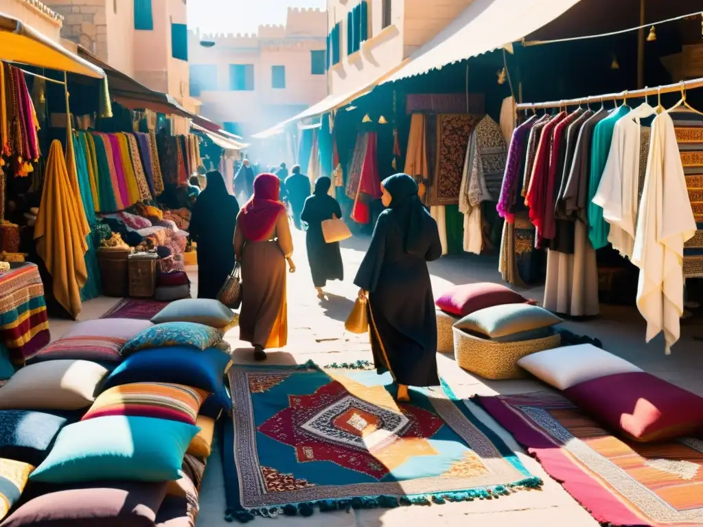 Vibrante mercado de Medio Oriente con tradiciones de vestimenta, abayas, túnicas bordadas y pañuelos coloridos en un ambiente auténtico y animado