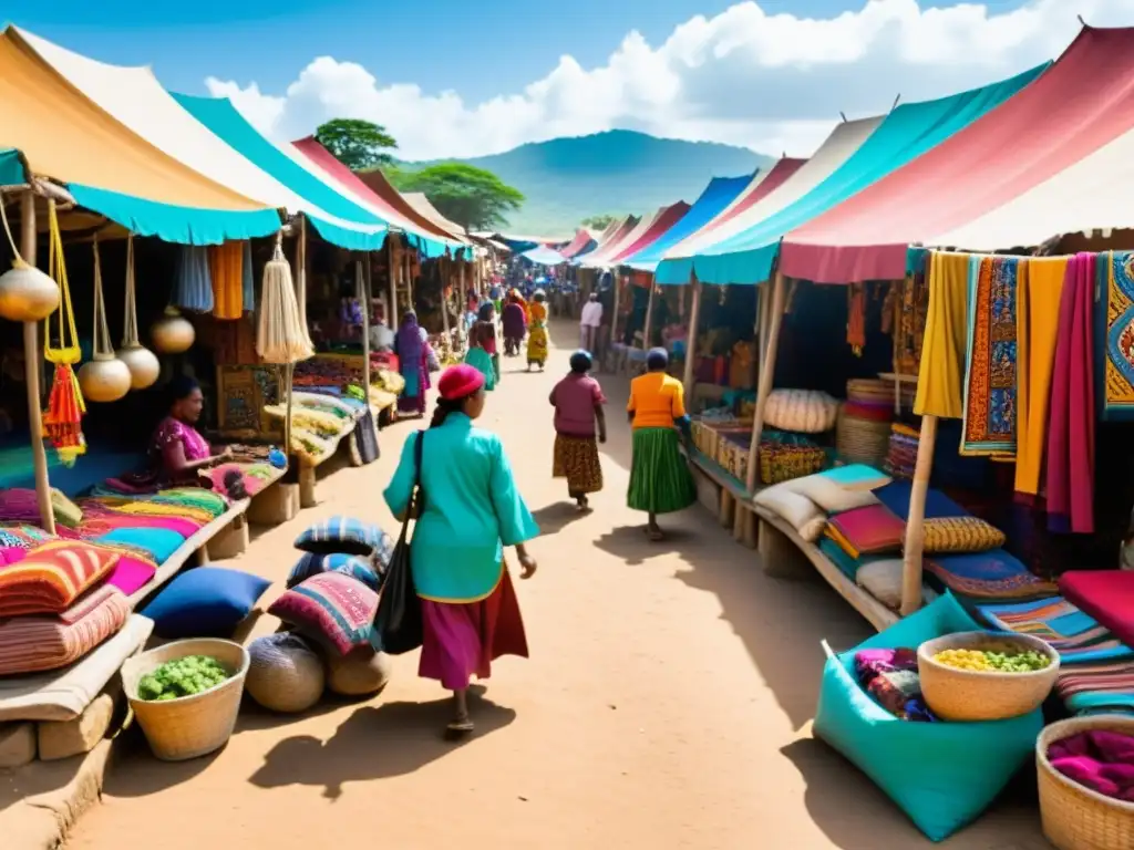 Vibrante mercado en un país en desarrollo, con artesanos locales vendiendo textiles y joyas