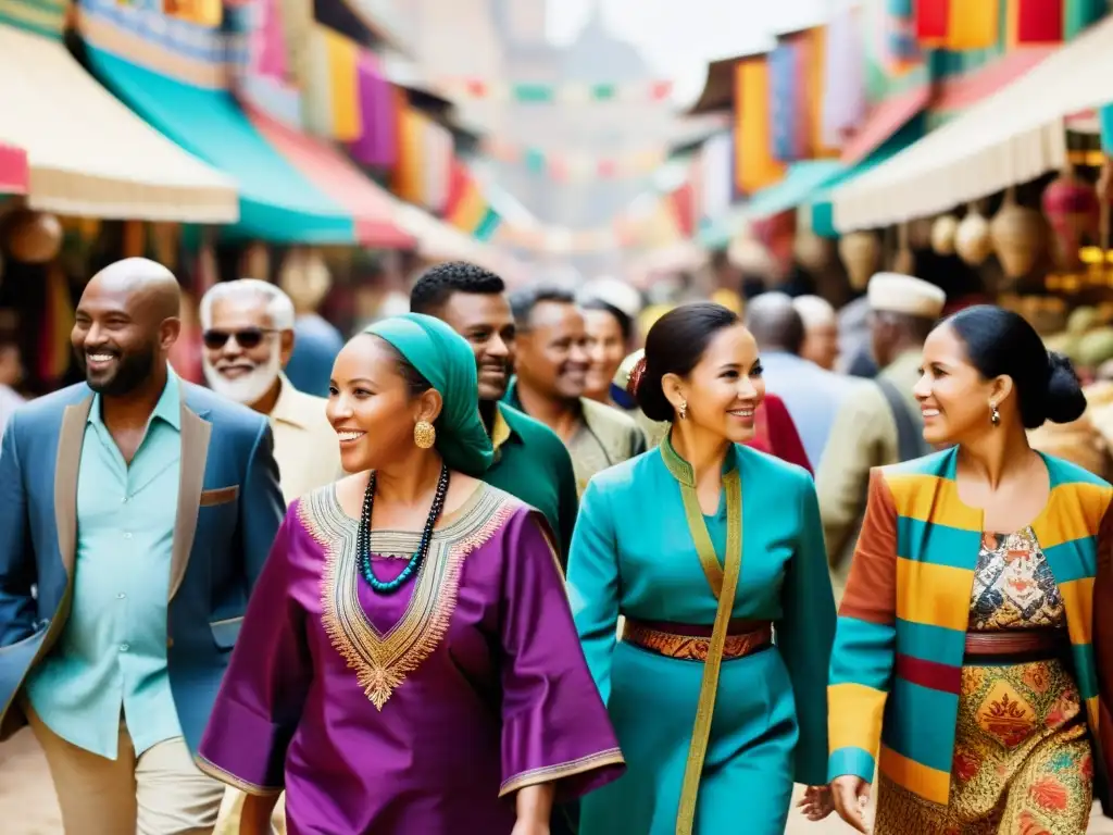 Un vibrante mercado con personas de distintas culturas, vistiendo moda étnica y compartiendo símbolos culturales en un ambiente de respeto y unidad