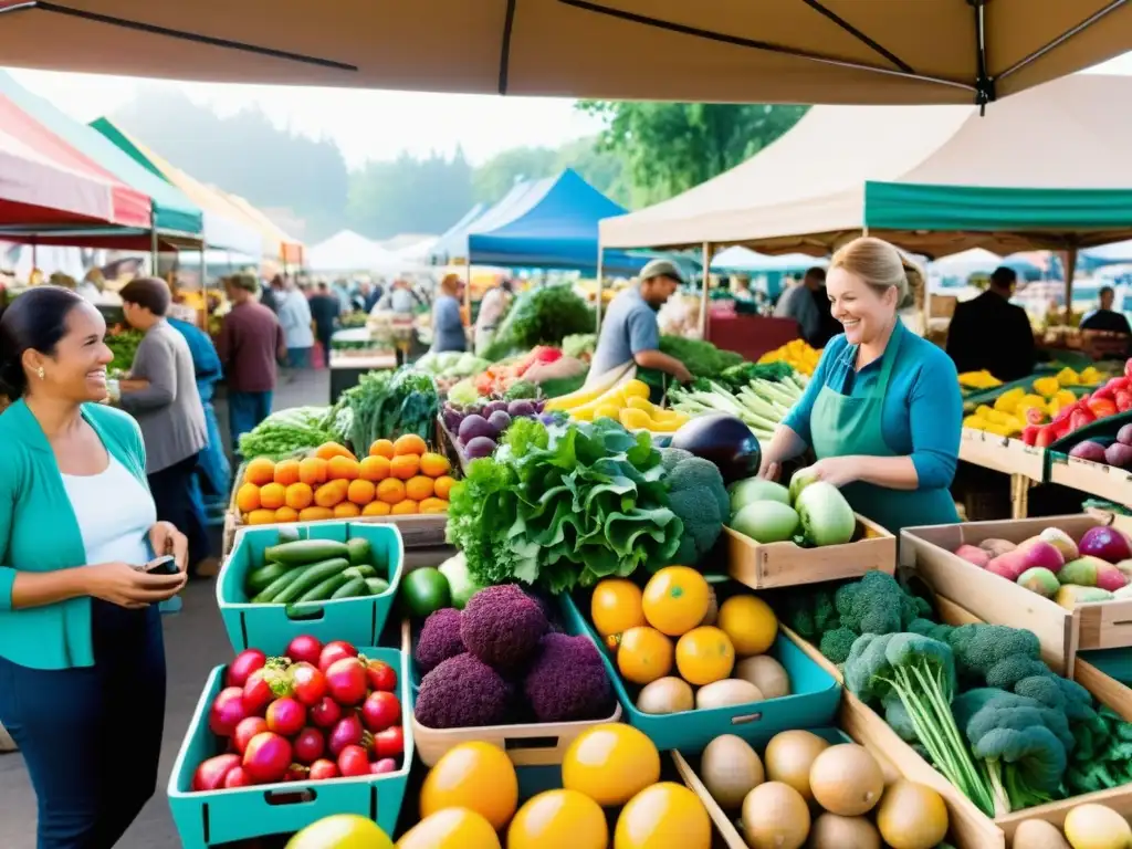 Vibrante mercado agrícola con productos frescos y coloridos, destacando la importancia de la agricultura local y la cocina tradicional