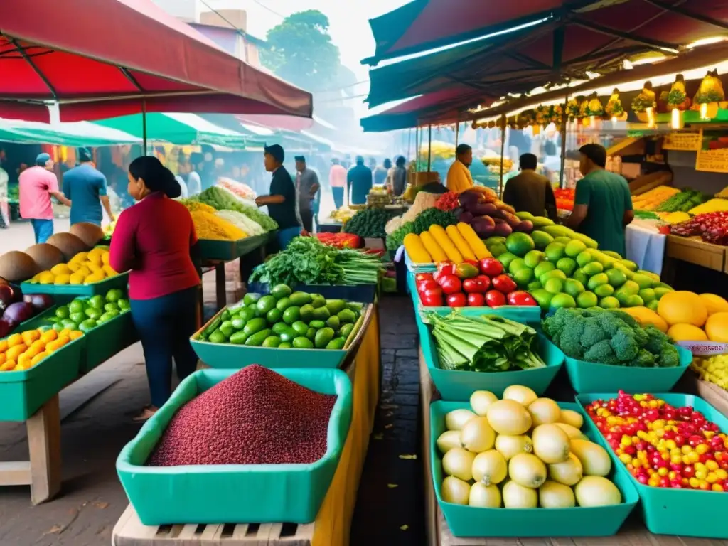 Vibrante mercado como punto de encuentro con puestos de frutas, especias y comida callejera, clientes curiosos y colorida arquitectura de fondo