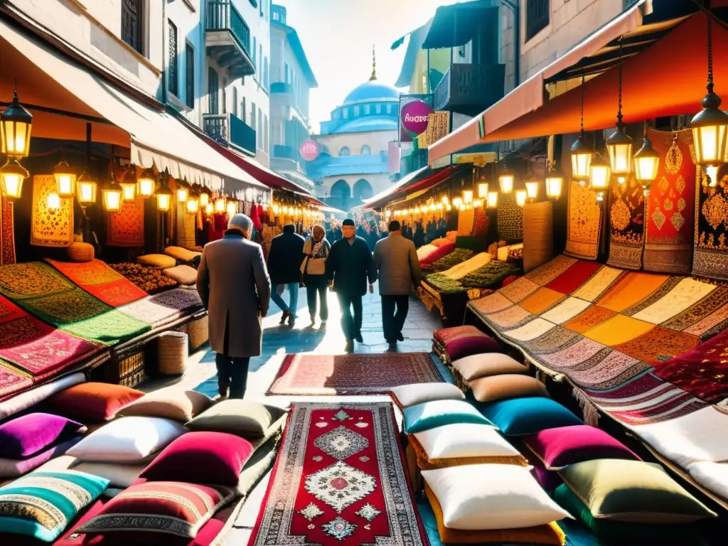 Vibrante mercado tradicional en Estambul con coloridos tapetes colgando y una atmósfera llena de vida y tradición