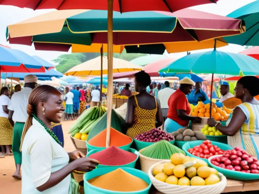 Un vibrante mercado tradicional en África Francófona rebosante de vida, colores y prácticas y tradiciones en África Francófona