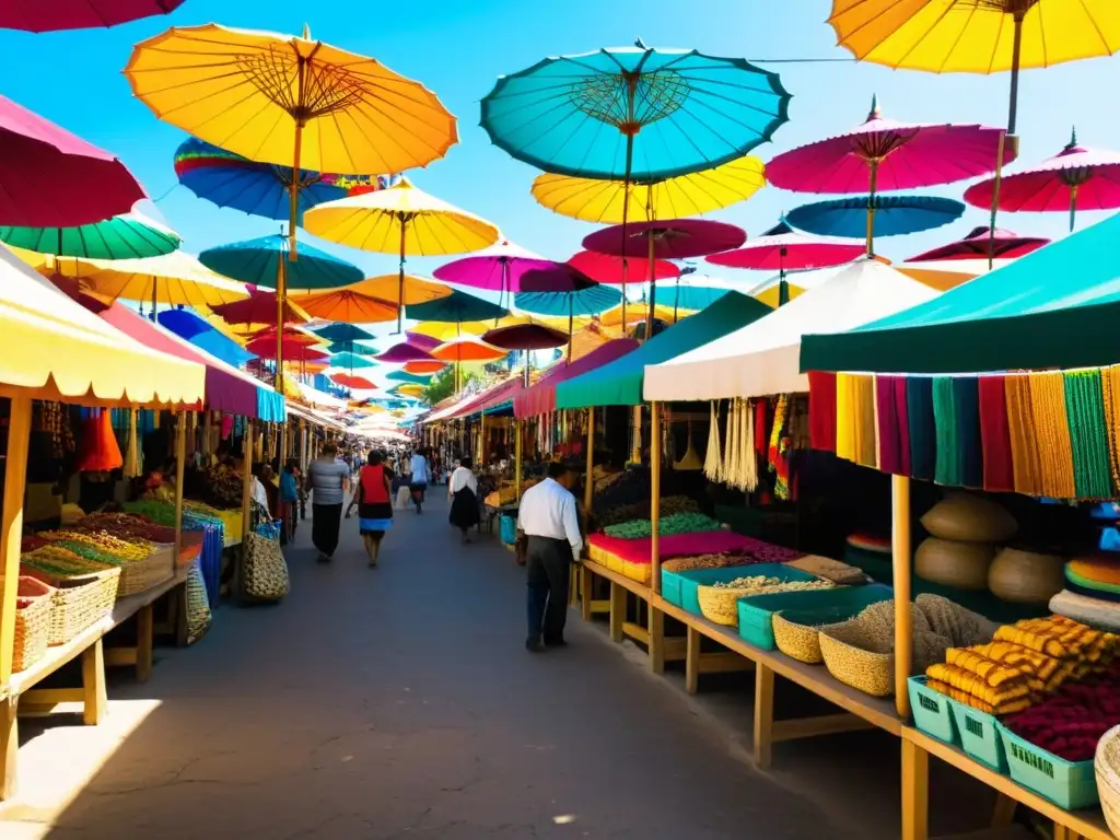 Vibrante mercado tradicional en Oaxaca, México, con textiles y artesanías bajo coloridos parasoles tejidos