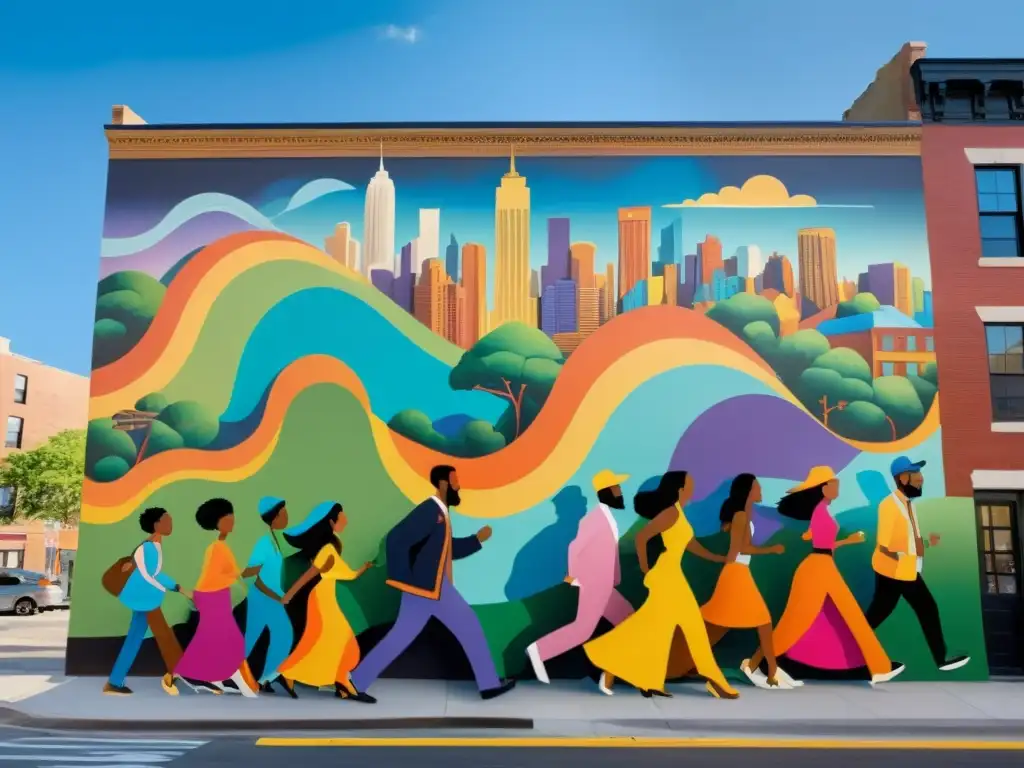 Un vibrante mural de arte urbano que retrata la diversidad de personas creando arte en un entorno urbano bullicioso