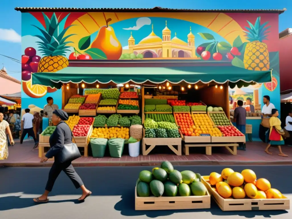 Un vibrante mural de un bullicioso mercado con frutas coloridas, artesanías y vendedores locales