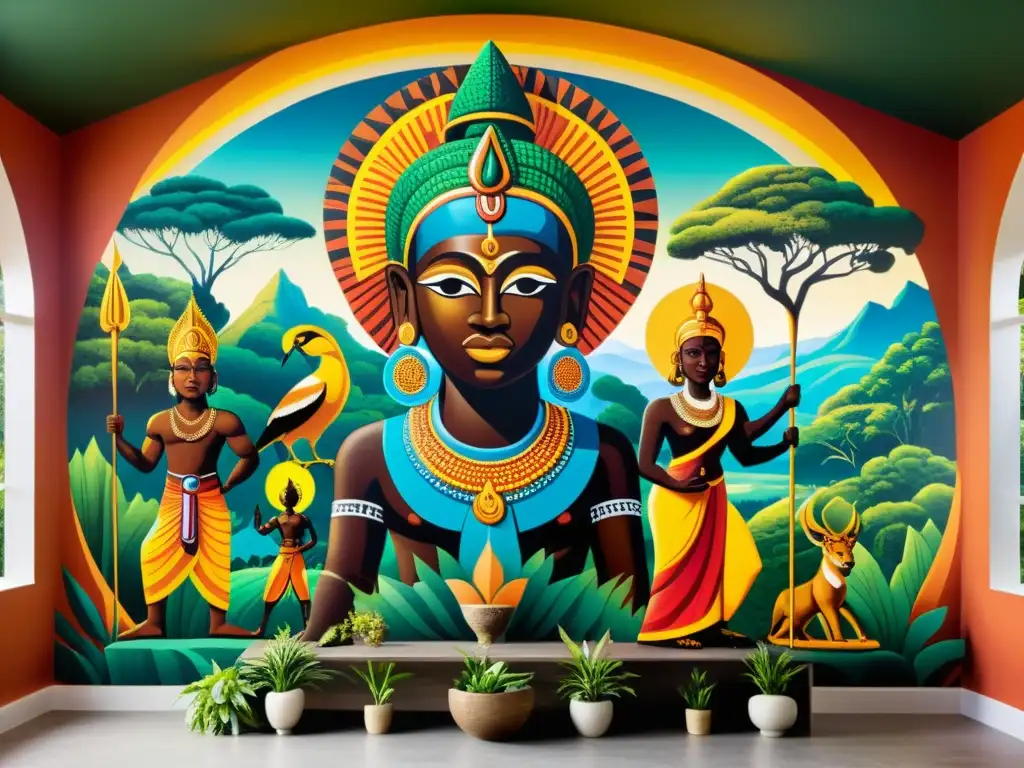 Un vibrante mural representa deidades y figuras mitológicas africanas en un escenario de exuberantes bosques y colinas