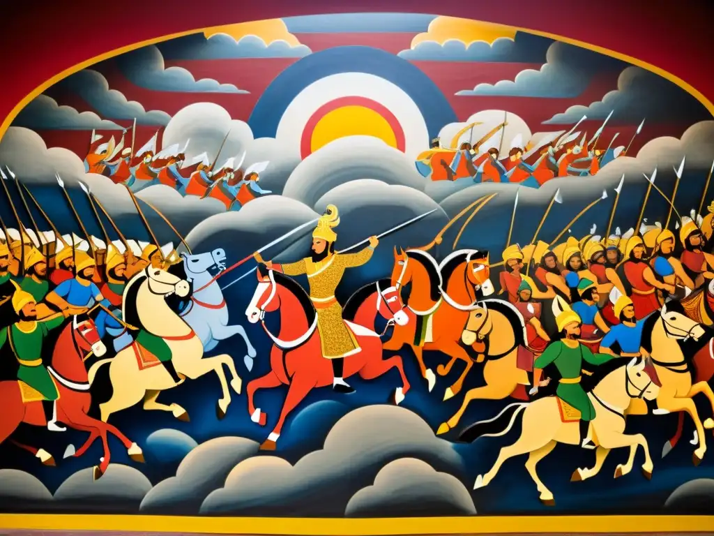 Vibrante mural del épico Kurukshetra del Mahabharata, con intensidad y caos en la batalla, mostrando Lecciones del Mahabharata para el destino