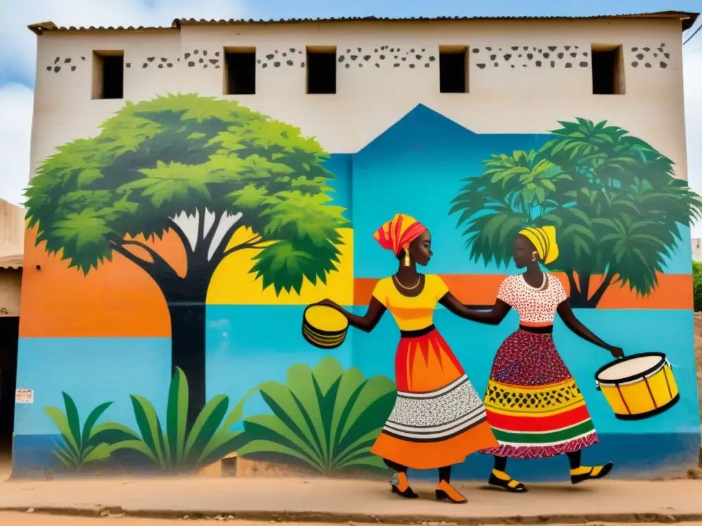 Vibrante mural de grafiti urbano en Dakar, Senegal, celebra la vida local con coloridas danzas y el bullicio del mercado