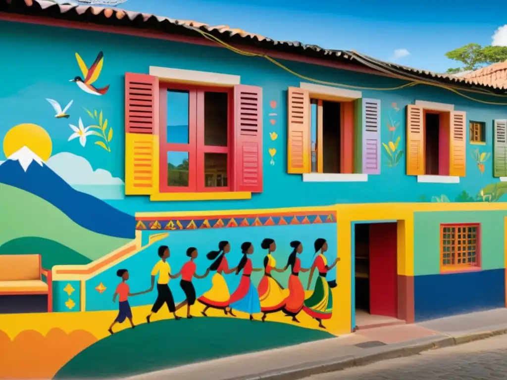 Vibrante mural en hostal, refleja vida comunitaria y tradiciones locales