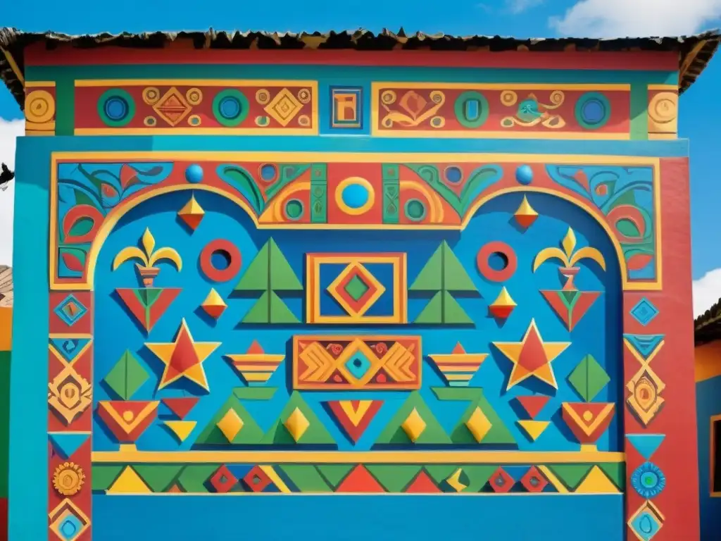 Vibrante mural en Chiapas refleja la cosmovisión Maya Tzotzil con patrones y símbolos tradicionales en colores brillantes y detallados