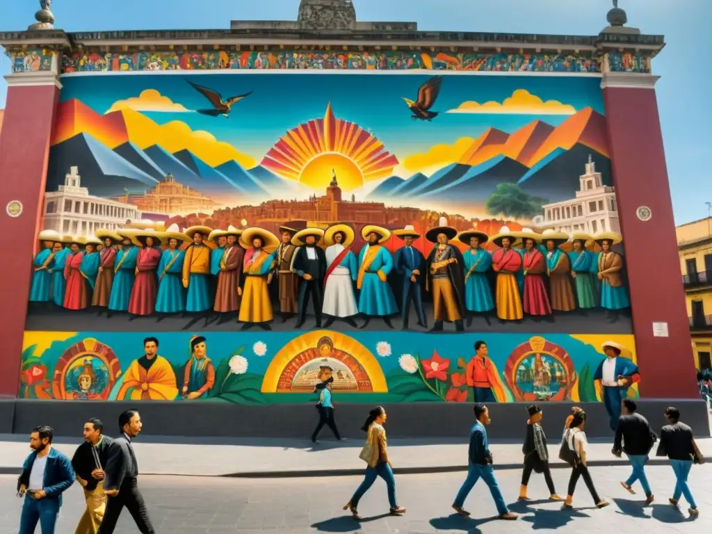 Vibrante mural de la Revolución Mexicana en México, con espectadores admirando la obra histórica bajo la cálida luz del sol