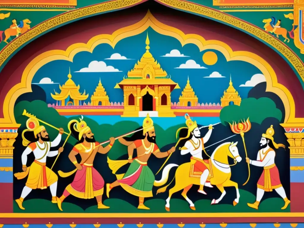 Vibrante mural en templo indio muestra escenas de Mahabharata y Ramayana