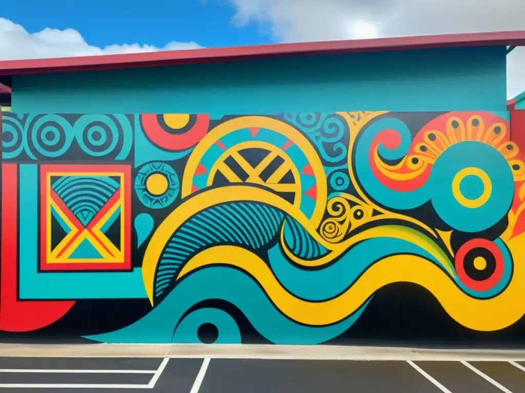 Un vibrante mural urbano en Polinesia que fusiona arte tradicional y contemporáneo, con colores vivos y símbolos polinesios