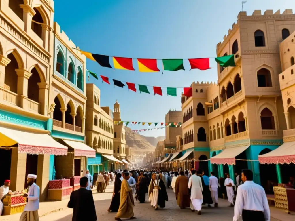 Vibrante celebración de AlHijra en Yemen, con música, danza y decoraciones tradicionales en las calles de la ciudad