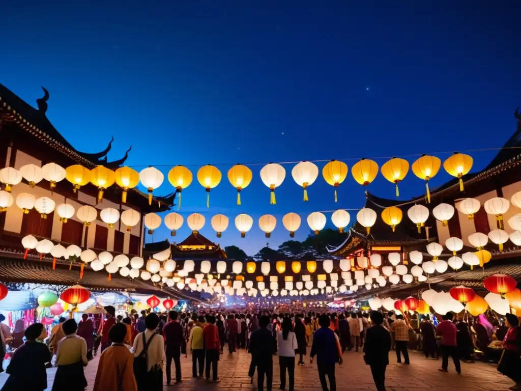 Vibrante noche de Festival de la Luna en Asia, con tradicionales linternas iluminando calles y gente celebrando bajo ellas