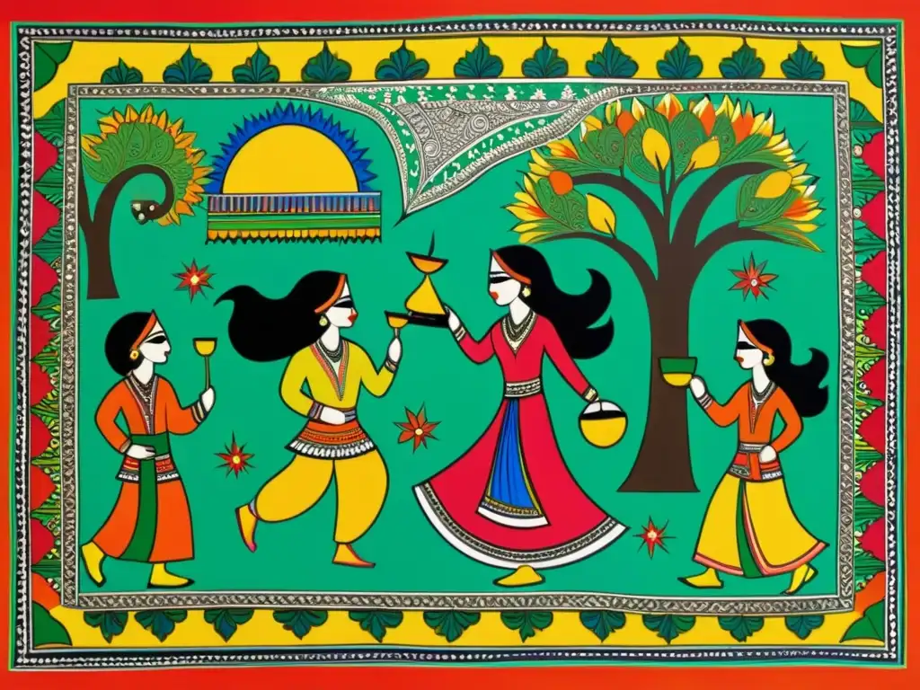 Vibrante pintura Madhubani del festival Sankranti, con patrones detallados y colores llamativos