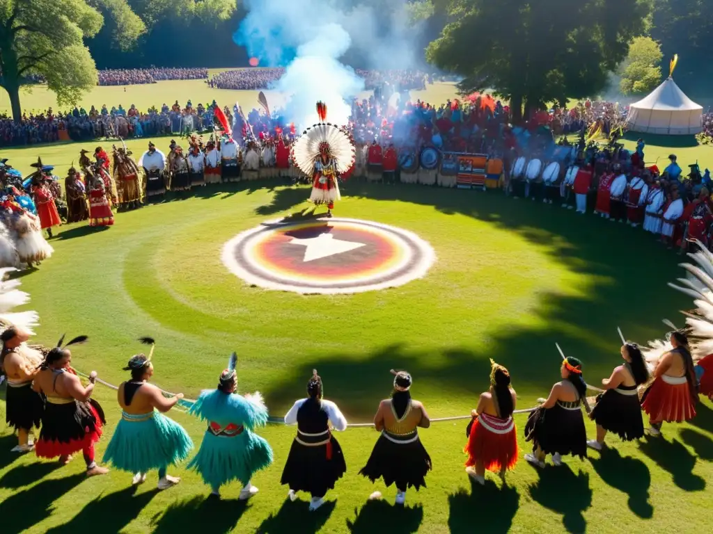 Vibrante powwow de pueblos nativos americanos en un claro soleado, con danzantes y espectadores celebrando costumbres ancestrales