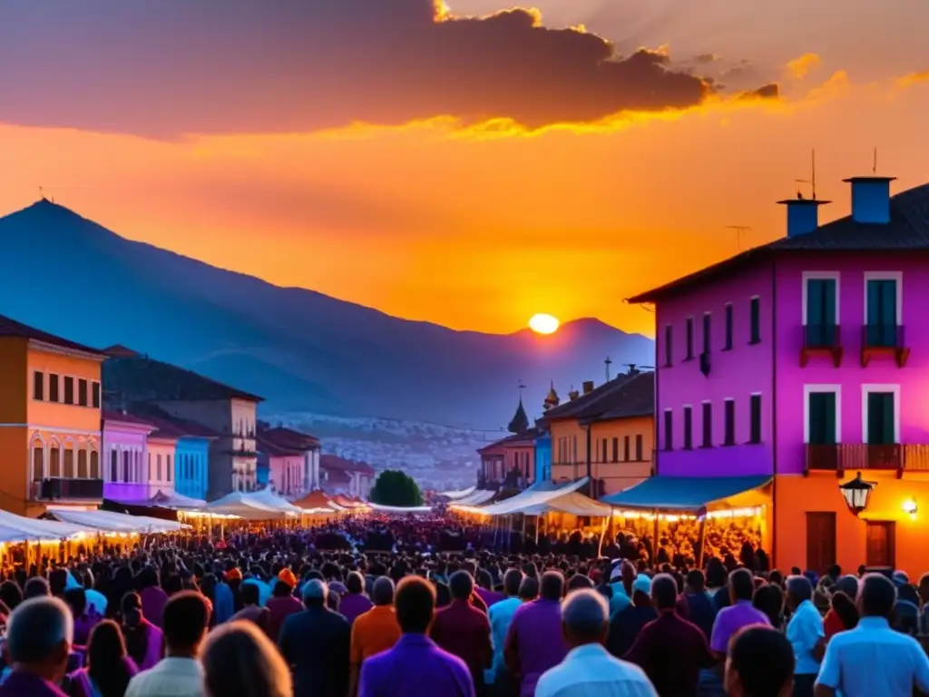 Una vibrante puesta de sol sobre las montañas de GornoAltaysk durante las Fiestas del Sol en GornoAltaisk, llena de energía y tradición