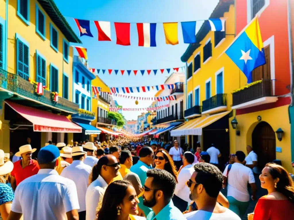 Vibrante fiesta calle San Sebastián Puerto Rico con banderas y decoraciones coloridas, asistentes alegres, música y baile en calles históricas