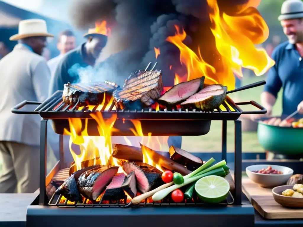 Una vibrante tradición de asado alrededor del mundo: Una imagen detallada de un animado asado sudafricano al aire libre, donde un grupo de personas se reúne alrededor de la parrilla para cocinar una variedad de carnes y verduras sobre las llamas abiertas