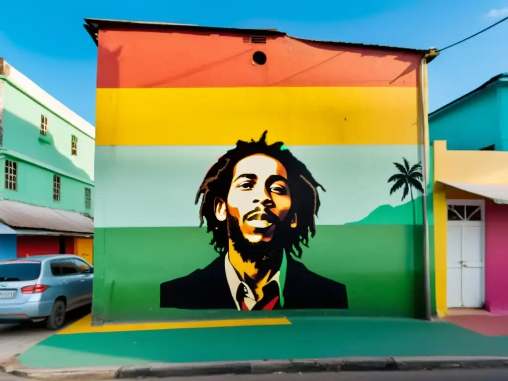 Vibrantes murales de leyendas del reggae adornan las calles de Trench Town en Kingston, Jamaica, capturando la historia del reggae en Jamaica en una imagen documental de alta resolución