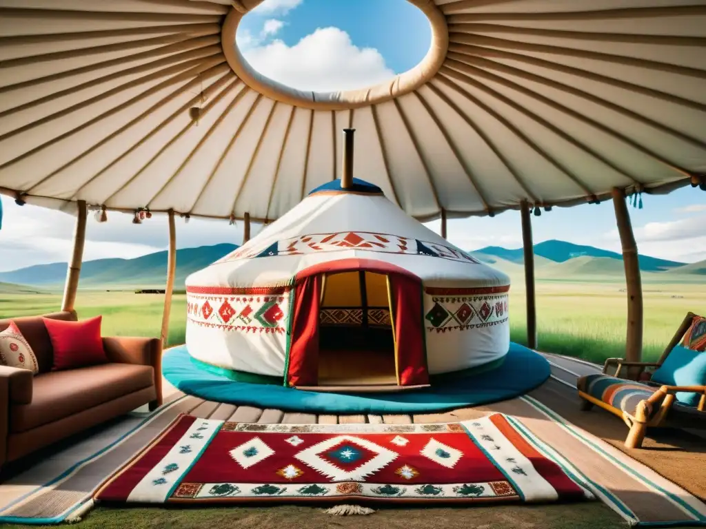 Vida en un Yurt Mongol tradicional: Imagen de una yurt con diseños pintados a mano, en las praderas, mostrando su conexión con la naturaleza