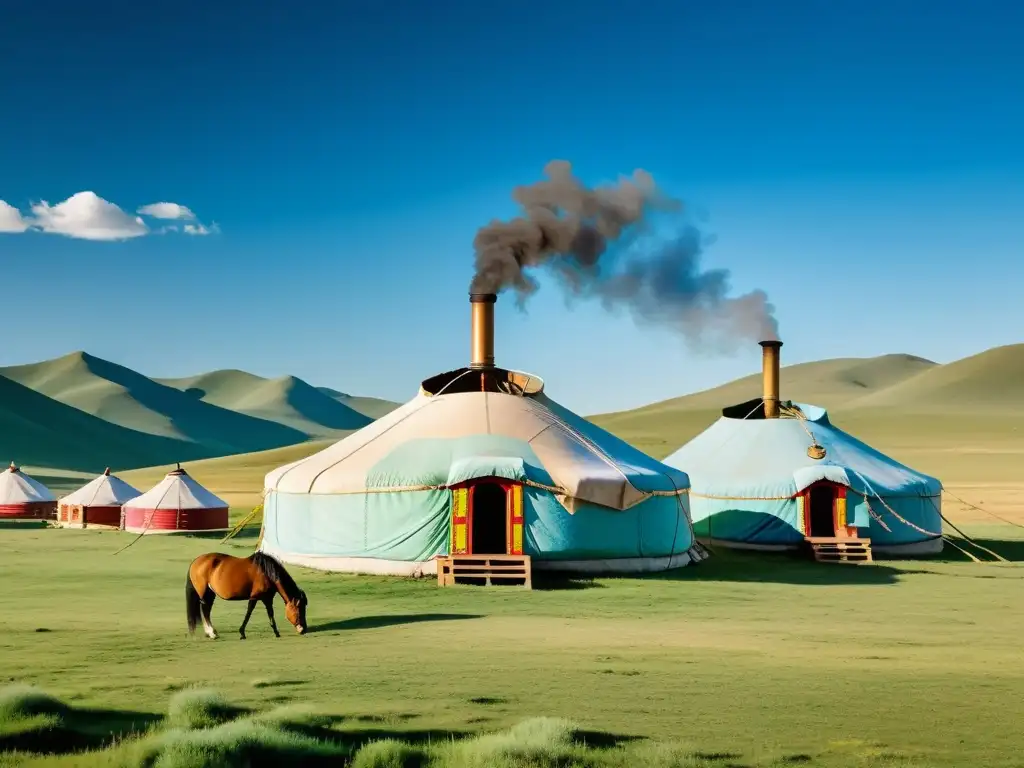 Vida en un Yurt Mongol tradicional: colorida yurta en la vasta estepa con caballos y paisaje nómada