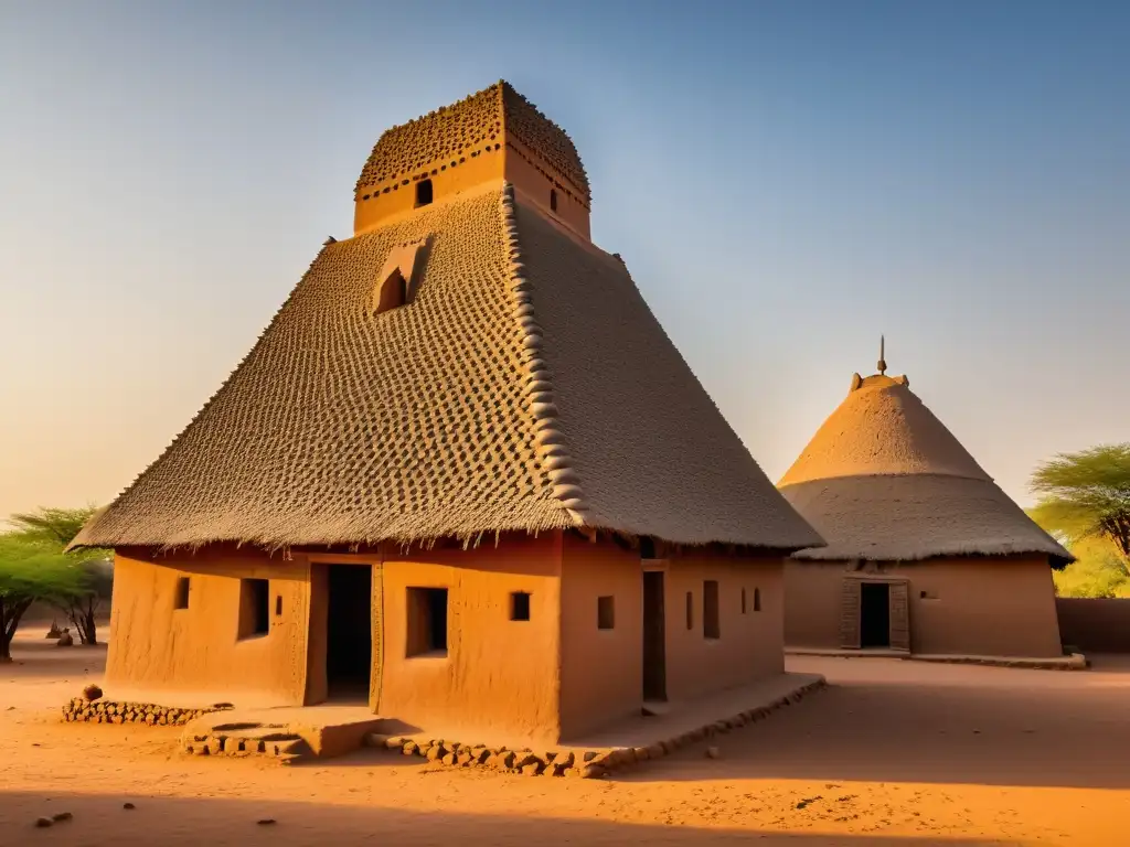 Vieja mezquita de barro Dogon en Mali, bañada por la cálida luz del sol