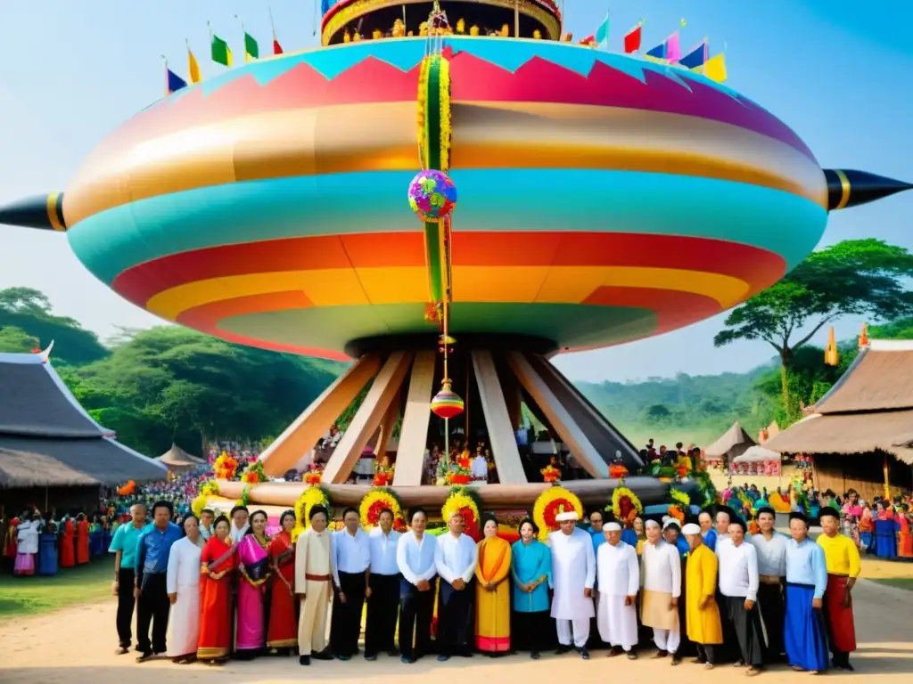 Villagers en atuendos tradicionales preparan el Festival Bun Bang Fai Naga con un cohete casero listo para lanzarse