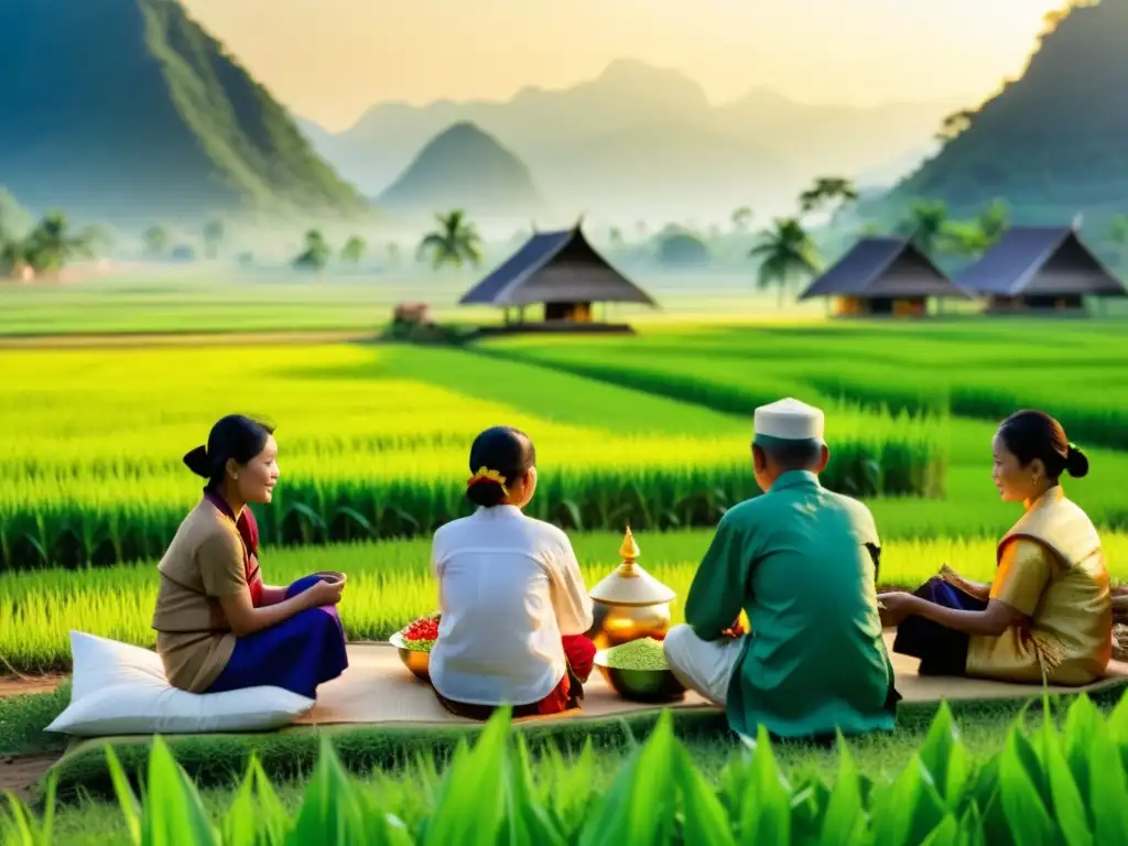 Villagers preparan ofrendas para el Festival Boun Khao Chi Laos en un escenario de montañas y campos de arroz, en un ambiente de serena tranquilidad