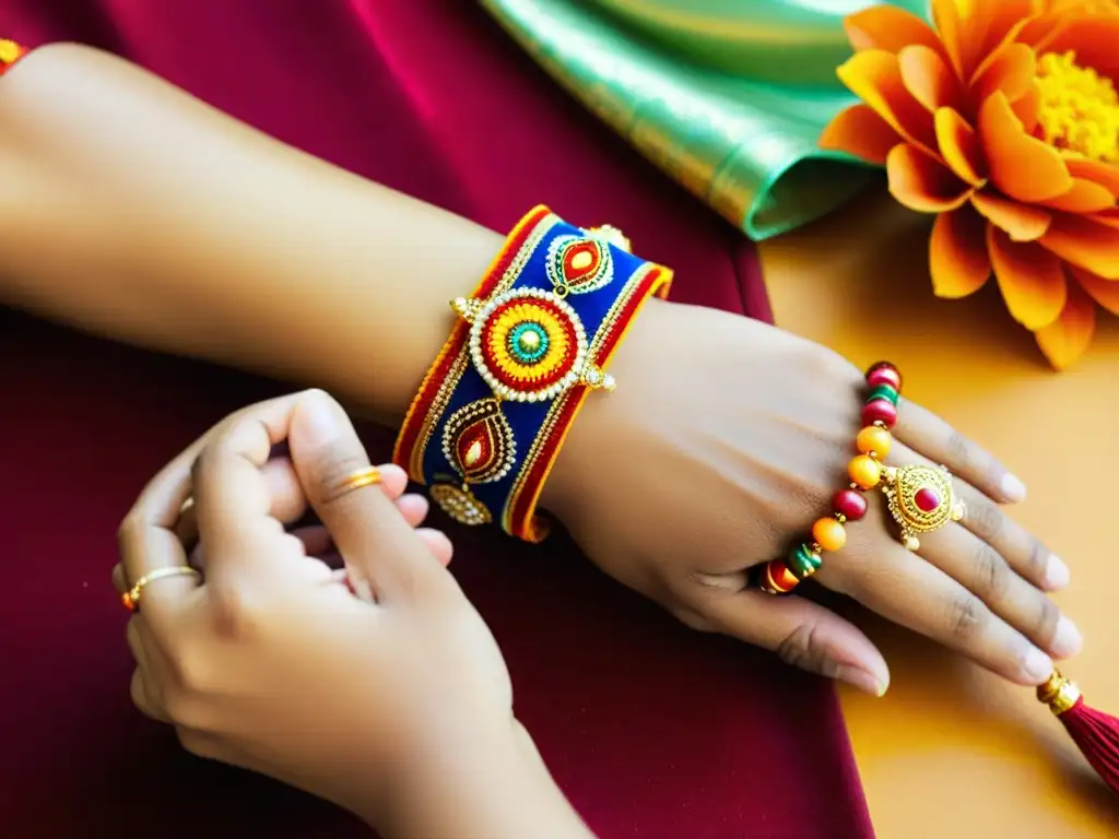 Vínculo emocional mientras se celebra el ritual de Raksha Bandhan, hermanos atando el rakhi con detalles intrincados y colores vibrantes