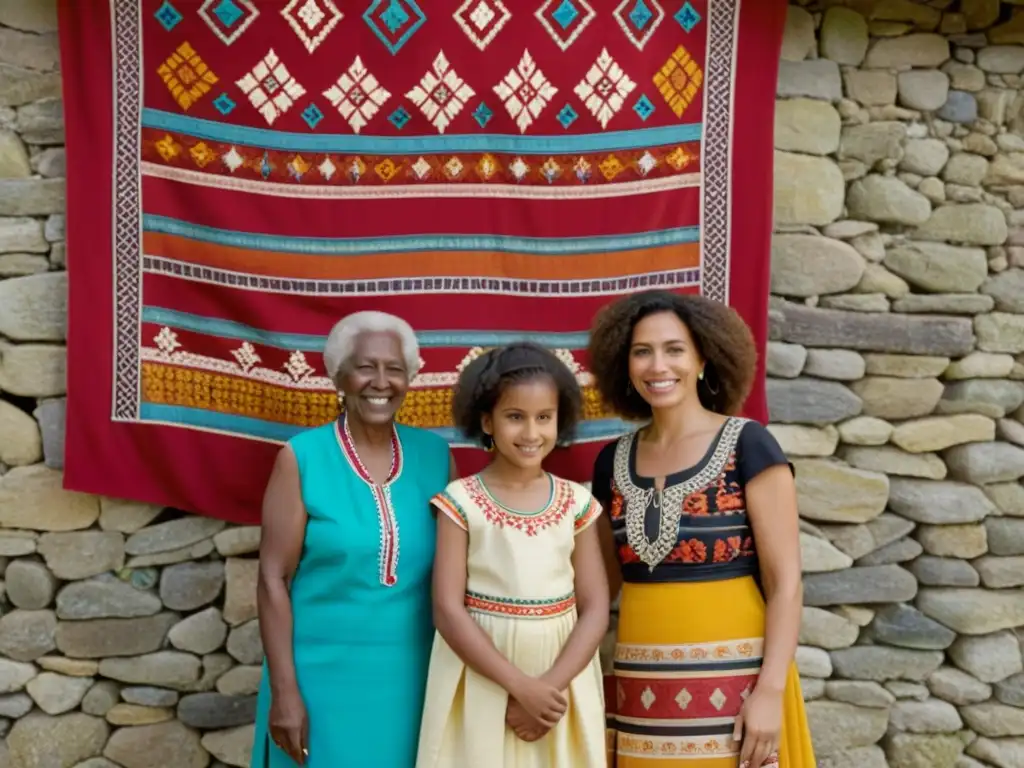 Vínculo intergeneracional de mujeres étnicas con moda tradicional y moderna, frente a un tapiz vibrante