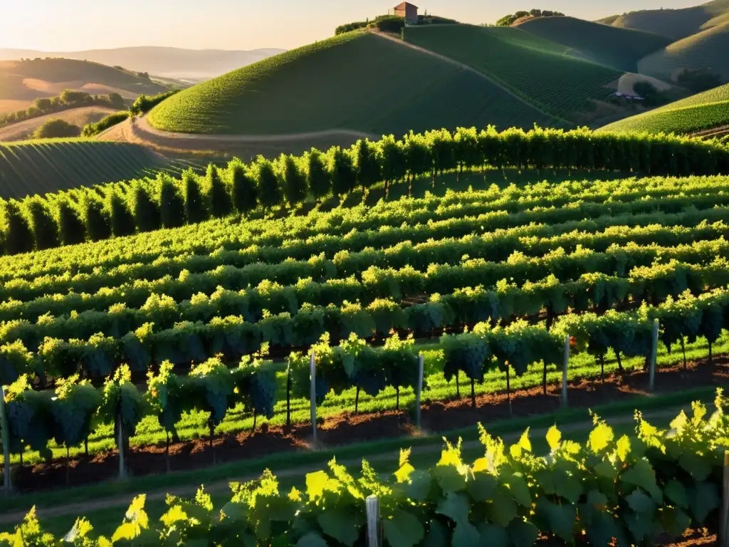 Un viñedo al atardecer, con filas de vides verdes bañadas por la cálida luz dorada del sol poniente