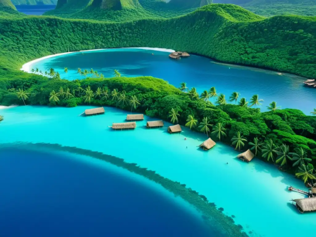 Vista aérea de aldeas tradicionales con techos de paja, danzas rituales y canoas en Micronesia, Rituales de Valentía en Micronesia