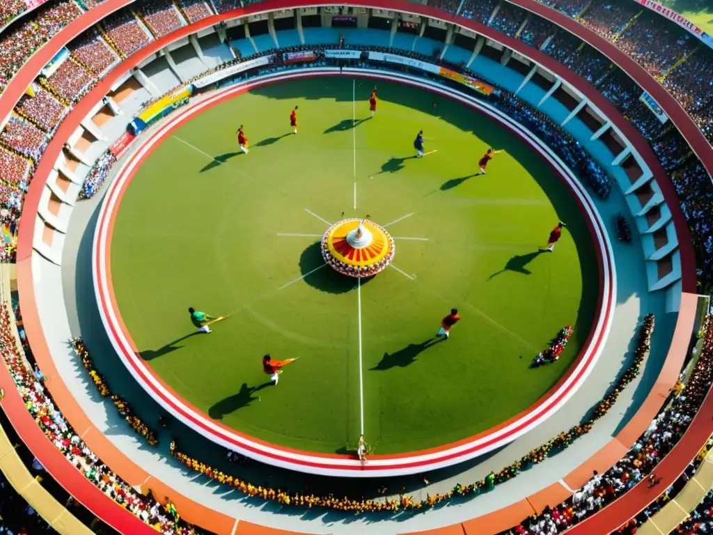 Vista aérea del animado estadio durante el Festival Onam en India, con competencia vibrante de El Juego del Palo y atuendos tradicionales coloridos